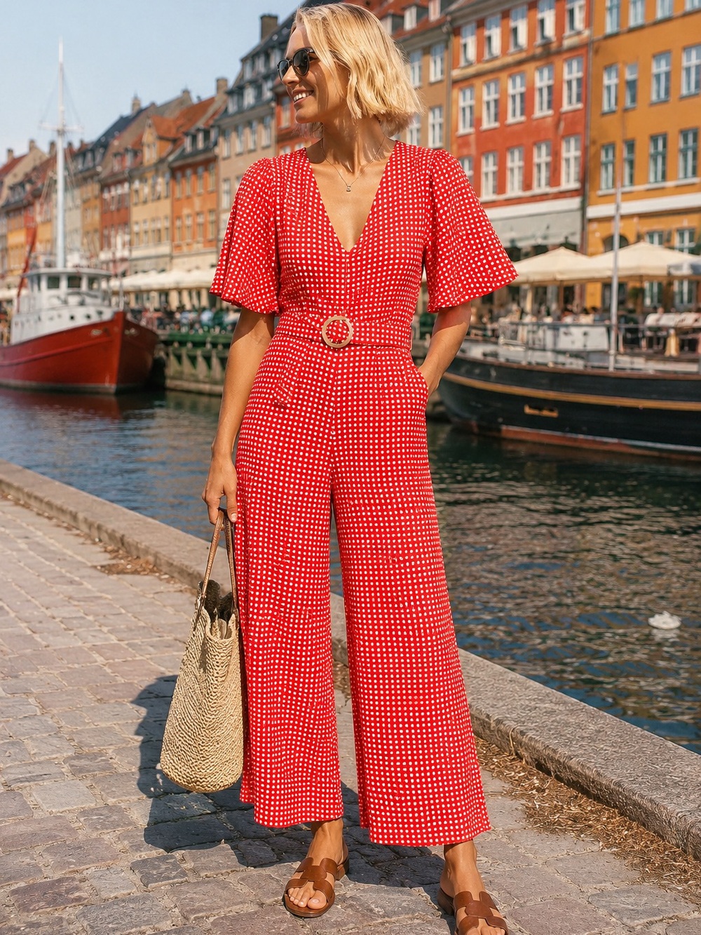 Anthropologie ett:twa Margaret red and white checkered wide leg jumpsuit 6